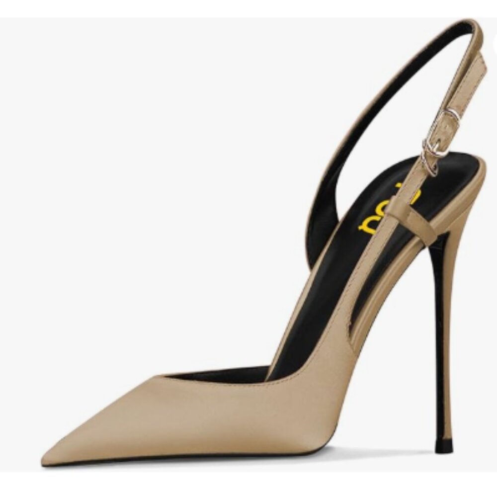 FSJ Light-khaki Satin Pointed Toe D'Orsay High Heel Slingback Pumps Cutout Shoes